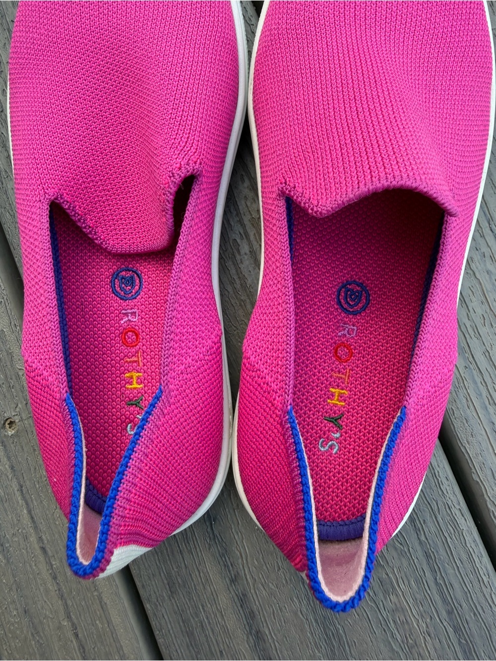 Rothy's Kids Slip-On Sneakers in Bright Pink with Blue Trim - Picture 4 of 6